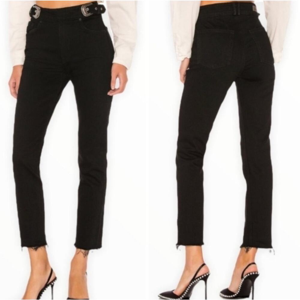 NWT GRLFRND "Zoey" Double Buckle Ankle Fray Black Jeans Size 26